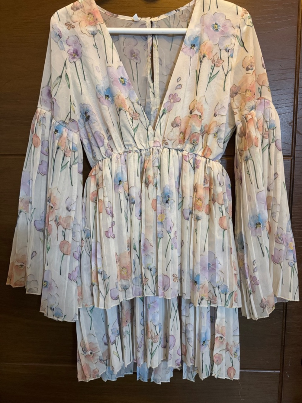 Pleated Floral High-Low Dress in Pastel White